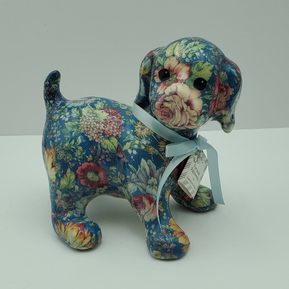Joan Baker Designs Porcelain Patchworks Blue Spring Puppy Dog Figurine